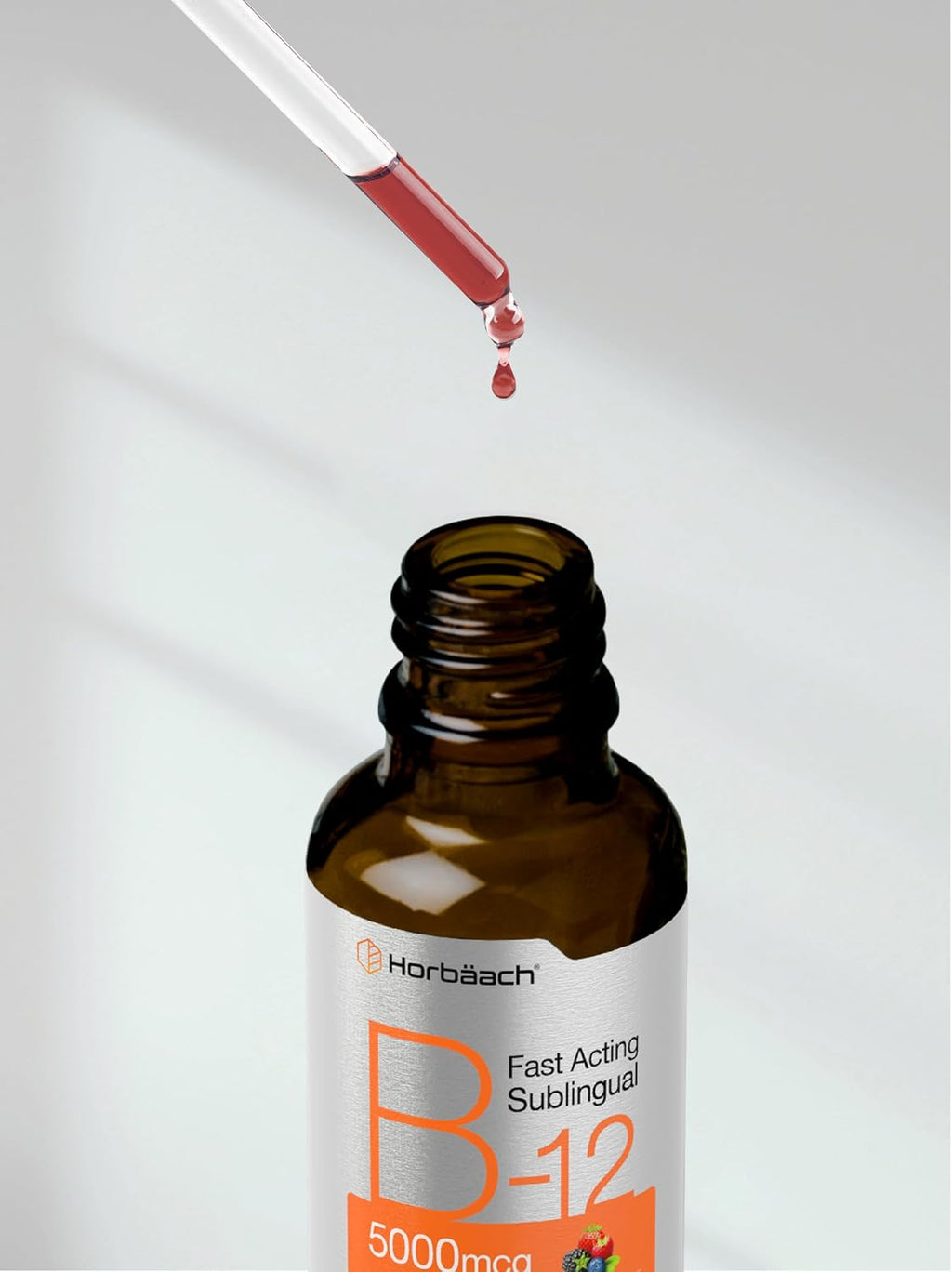 Horbaach Vitamina B12 5000 mcg Sublingual | Gotas Líquidas con Metilcobalamina y Cianocobalamina | Sabor Berry | Sin Gluten y No-GMO