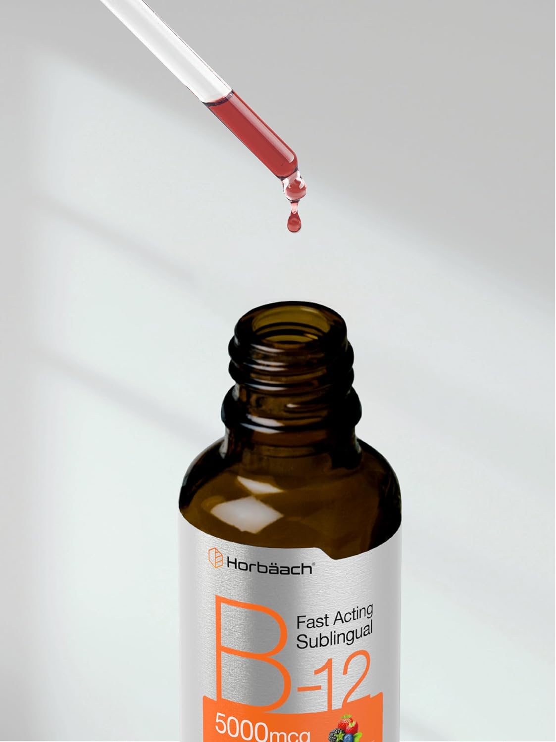 Horbaach Vitamina B12 5000 mcg Sublingual | Gotas Líquidas con Metilcobalamina y Cianocobalamina | Sabor Berry | Sin Gluten y No-GMO