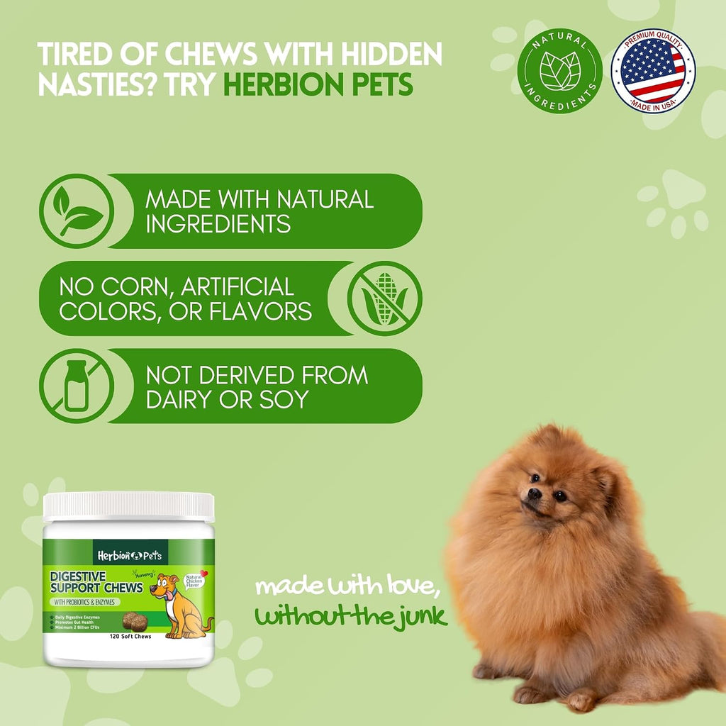 Herbion Pets Digestive Support Chews con Probióticos y Enzimas, 120 Masticables Blandos