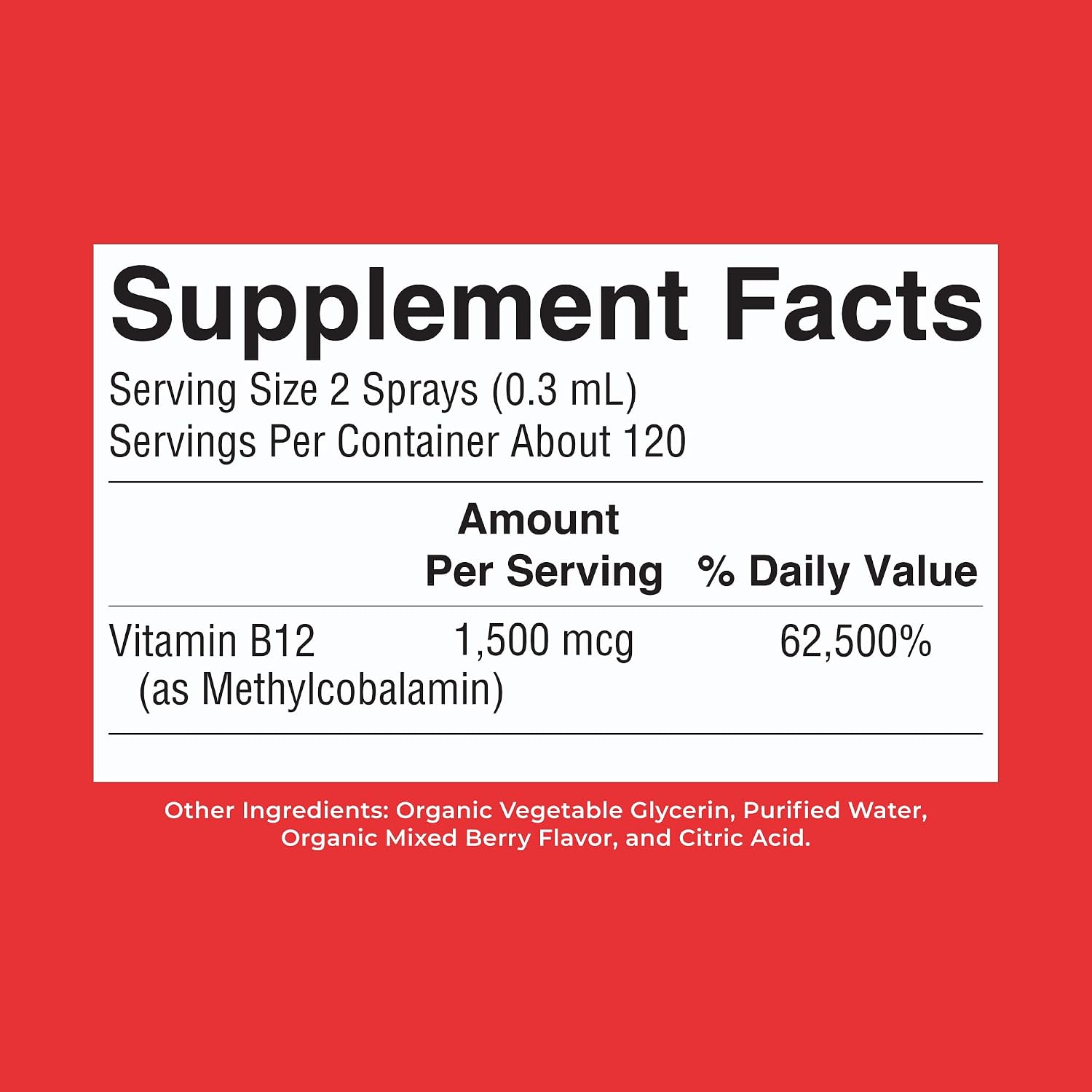 MaryRuth's Spray Orgánico de Vitamina B12 Metilcobalamina - 1500 mcg - 30 ml