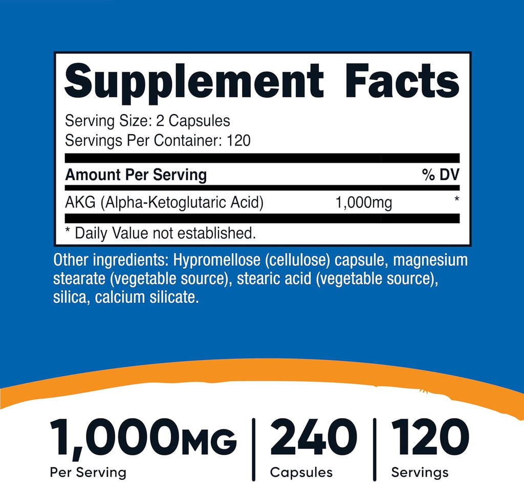 Nutricost AKG Ácido Alfa-Cetoglutárico 1000 mg, 240 Cápsulas (120 dosis)