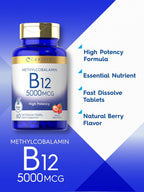 Carlyle Metilcobalamina Vitamina B12 5000mcg | 60 Comprimidos de Disolución Rápida | para Adultos | Vegetariano, Sin Gluten y No-GMO