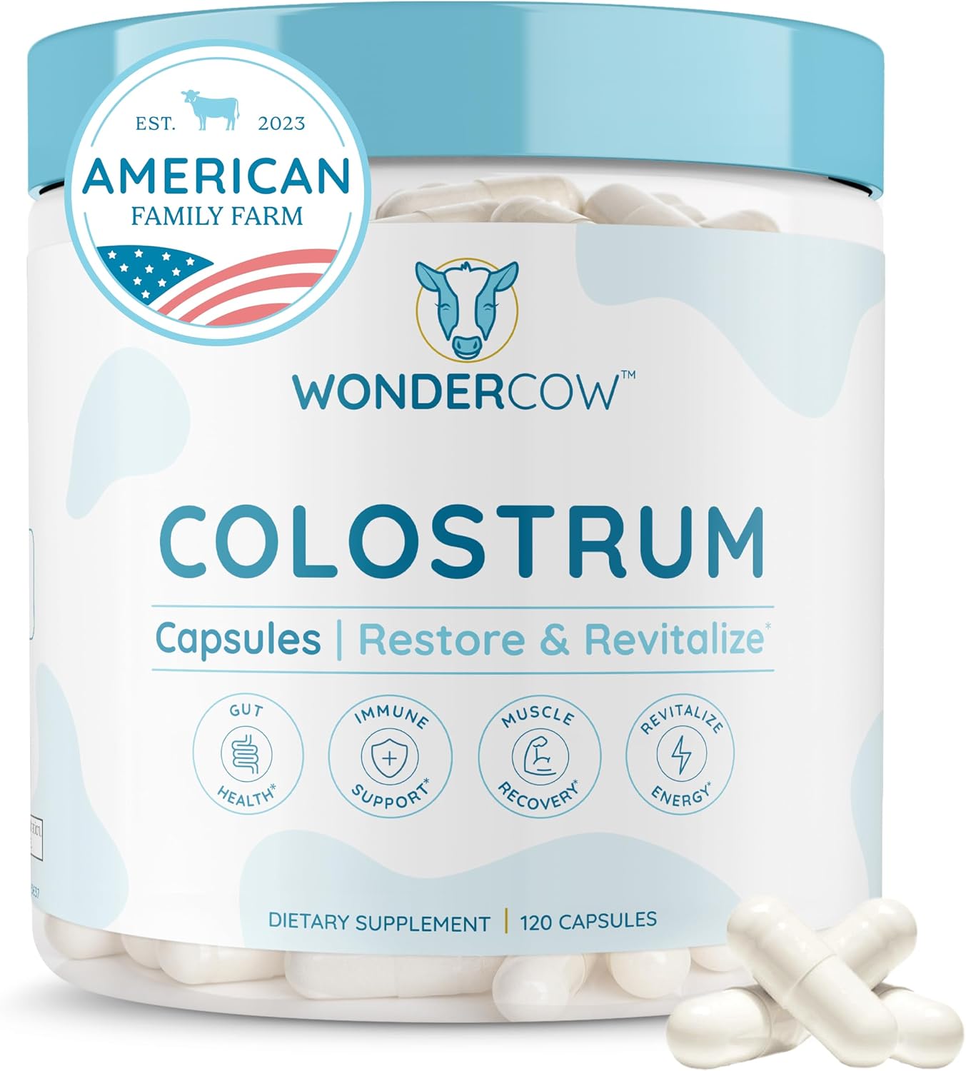 WONDERCOW Cápsulas de Calostro Bovino para la Salud Digestiva e Inmunitaria | Calostro Bovino Puro Natural IgG, Sin Sabor, 30 Dosis