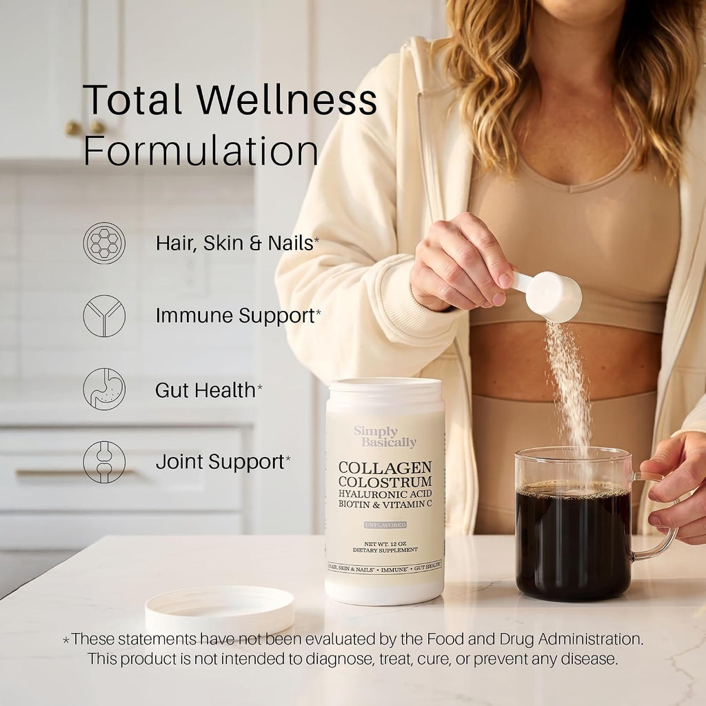 Simply Basically Colostro Bovino en Polvo + Péptidos de Colágeno | Para Cabello, Piel, Uñas, Salud Inmunitaria y Digestiva | Ácido Hialurónico, Biotina, Vitamina C | Sin Sabor 30 Porciones