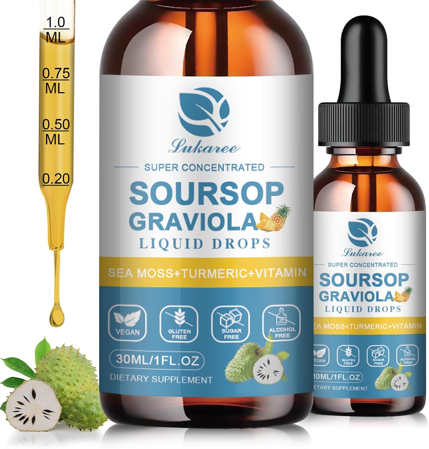 Lukaree Extracto Líquido de Graviola y Musgo Marino con Vitamina C y Zinc – 2 Envases (60 ml), Sabor Piña