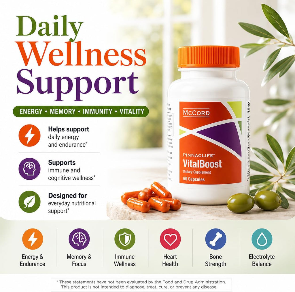 McCord VitalBoost: Complemento de Energía, Memoria e Inmunidad con Vitamina D3, Magnesio, Zinc y Olivamina - 60 Cápsulas