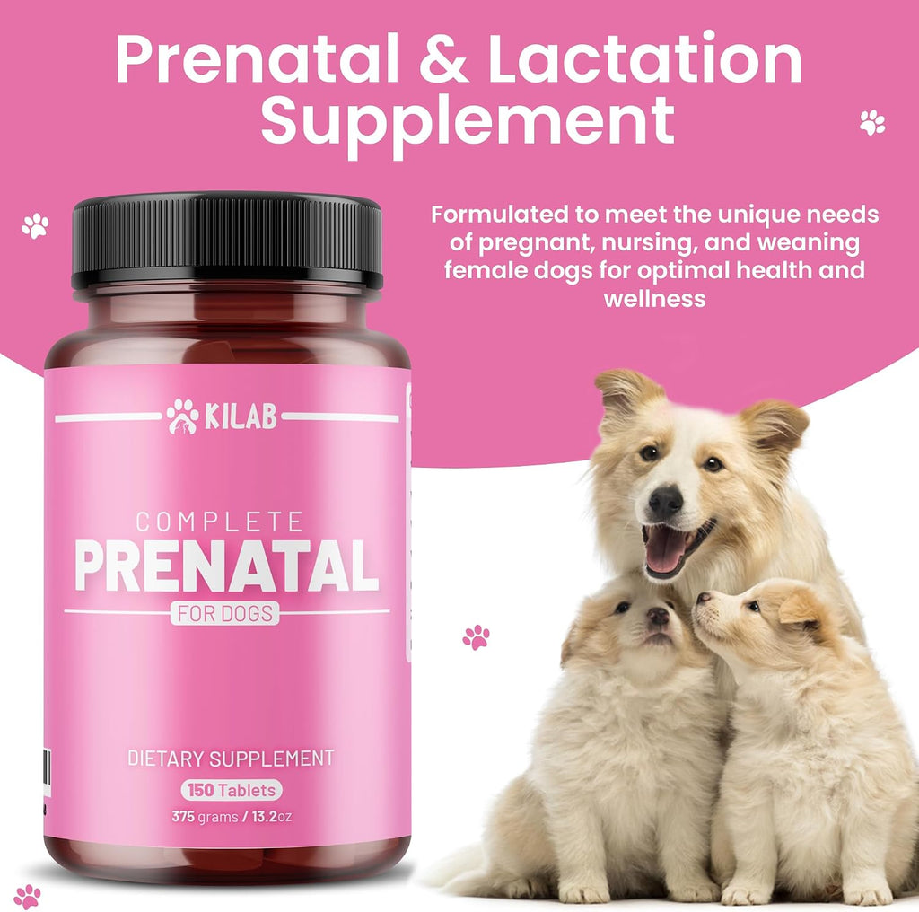 Kilab Vitaminas Prenatales Completas para Perros – 150 Comprimidos con Hierro, Colina, Zinc, DHA y Probióticos