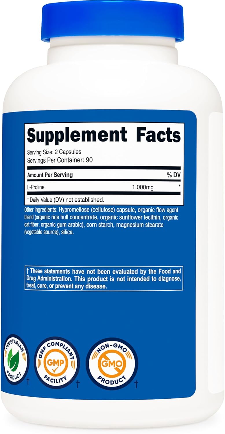 Nutricost L-Prolina 1000mg, 180 Cápsulas (90 Porciones) - 500mg por Cápsula, No-GMO, Sin Gluten