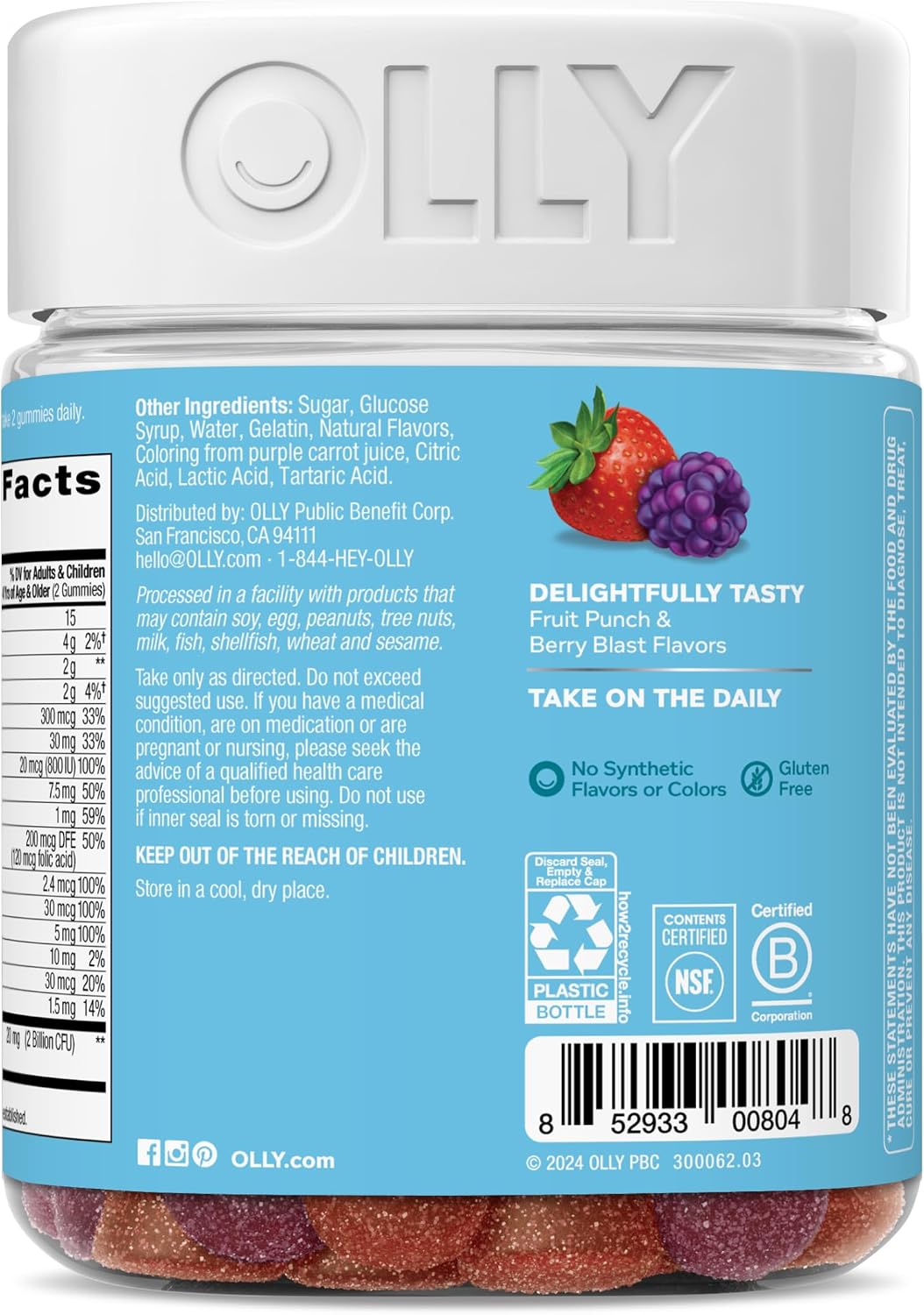 OLLY Kids Multivitamin & Probiotic Gummy – Gomitas Multivitamínicas con Probióticos para Niños, Sabor Bayas, 100 unidades
