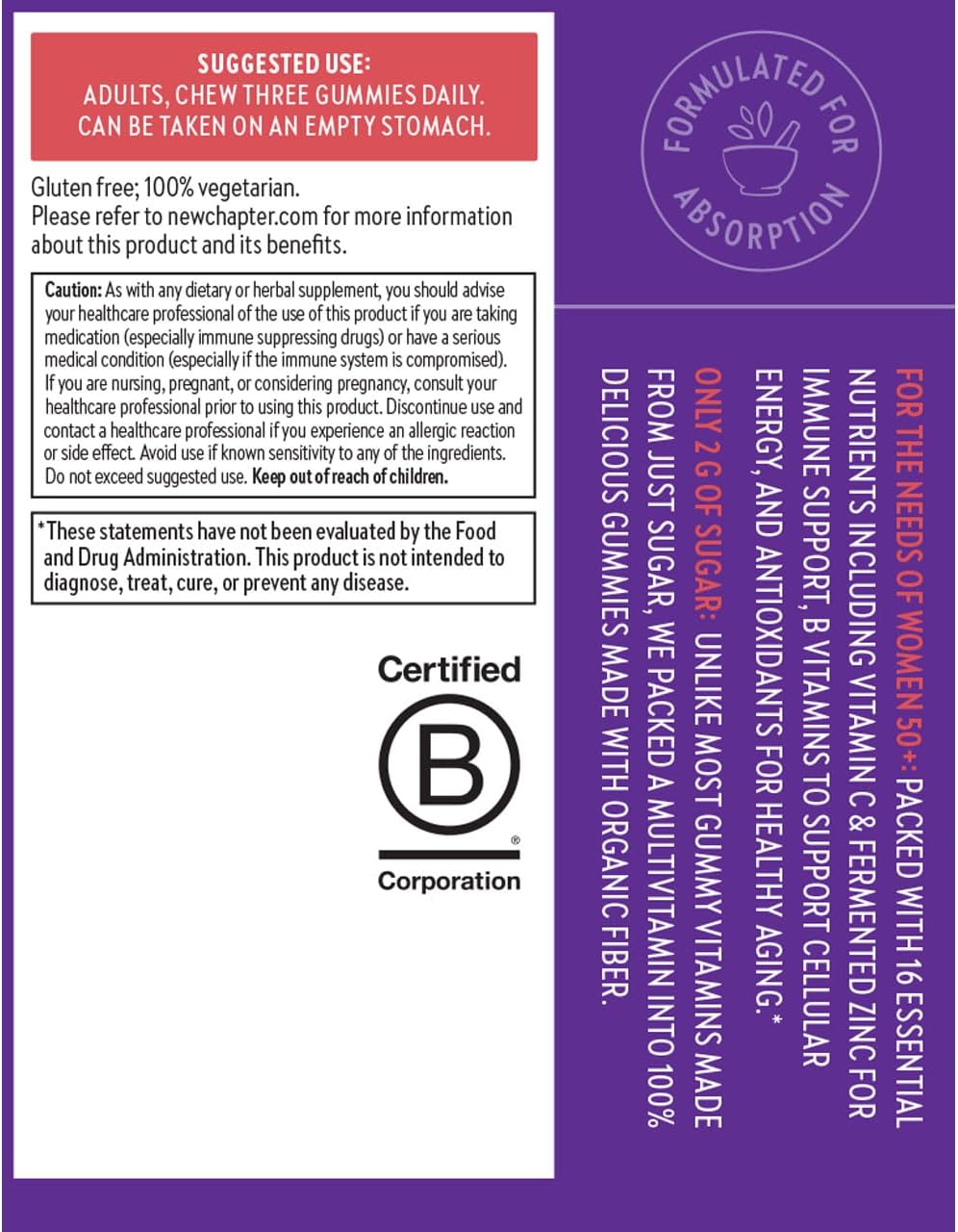 New Chapter Women's 50+ Gominolas Multivitamínicas – 52% Menos Azúcar, Vitaminas para un Envejecimiento Saludable con Vitamina C, Vitaminas B y Zinc, Sin Gluten, Sabor a Bayas y Cítricos, 90 unidades