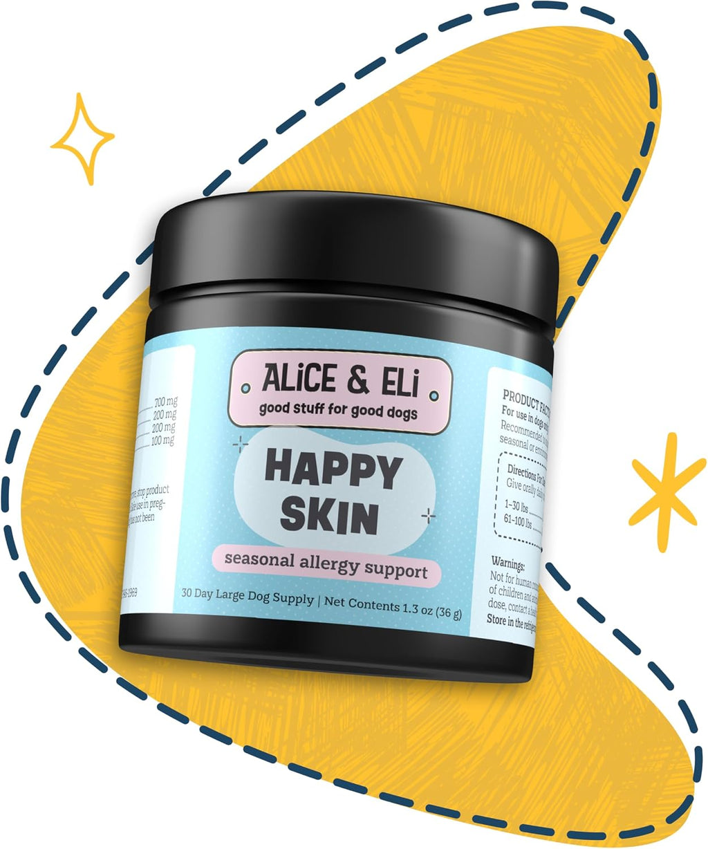 Alice & Eli Happy Skin - Apoyo para Alergias Estacionales con Quercetina y Calostro Bovino - para Perros con Piel Sensible o Alergias Ambientales