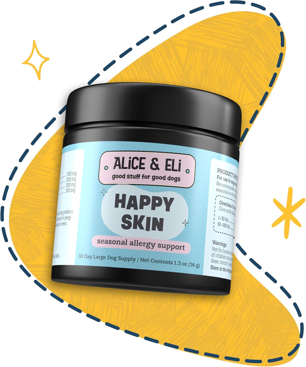 Alice & Eli Happy Skin - Apoyo para Alergias Estacionales con Quercetina y Calostro Bovino - para Perros con Piel Sensible o Alergias Ambientales