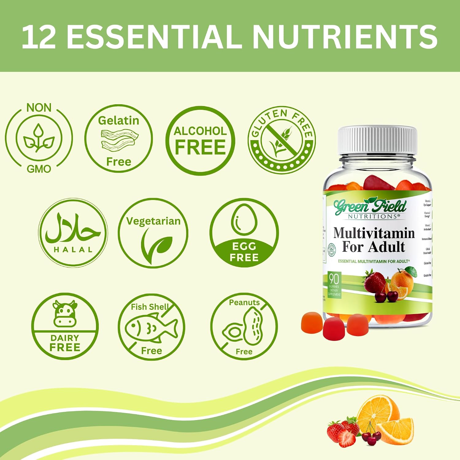 Greenfield Nutritions Gominolas Multivitamínicas Halal para Adultos - Sin Gelatina con Vitamina D3, B6, B12, Zinc y C - 90 Gominolas