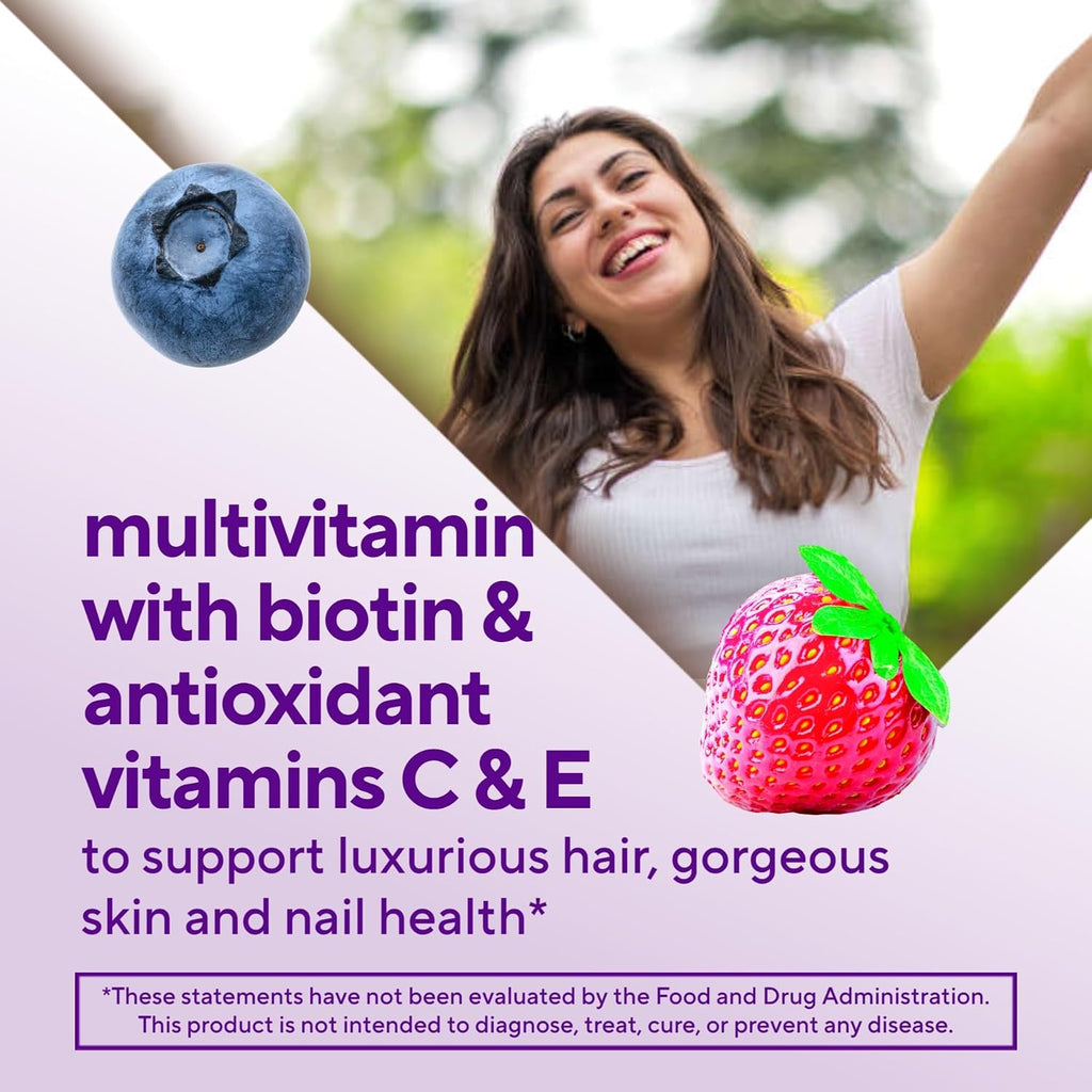 Vitafusion Gorgeous Hair, Skin & Nails Gomitas Multivitamínicas con Biotina y Vitaminas C y E, Sabor Frambuesa, 135 gominolas