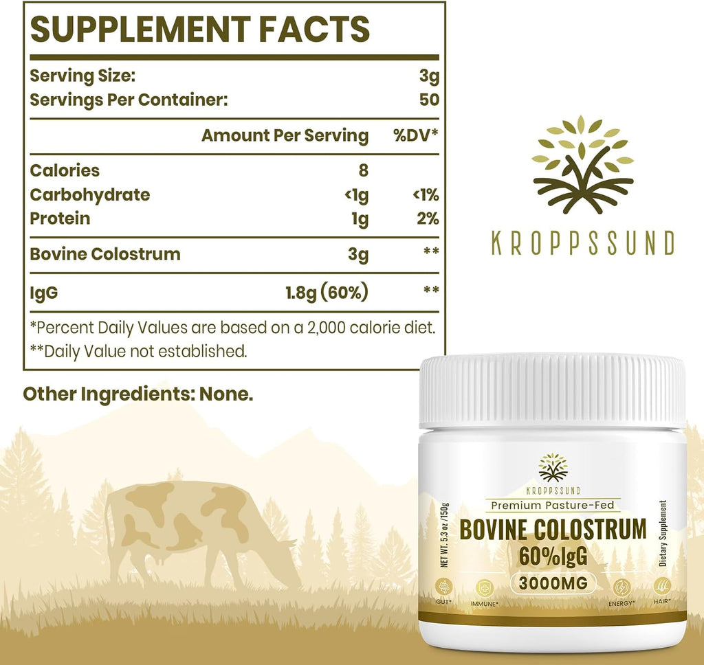 Kroppssund Calostro Bovino en Polvo 3000 mg - 65% IgG - 50 Servicios