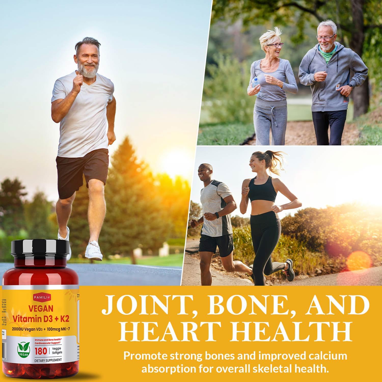 FAMILI+ Vitamina D3+K2 Vegano, 2000 UI D3 + 100 mcg K2 MK-7, 180 Cápsulas Blandas Vegetales