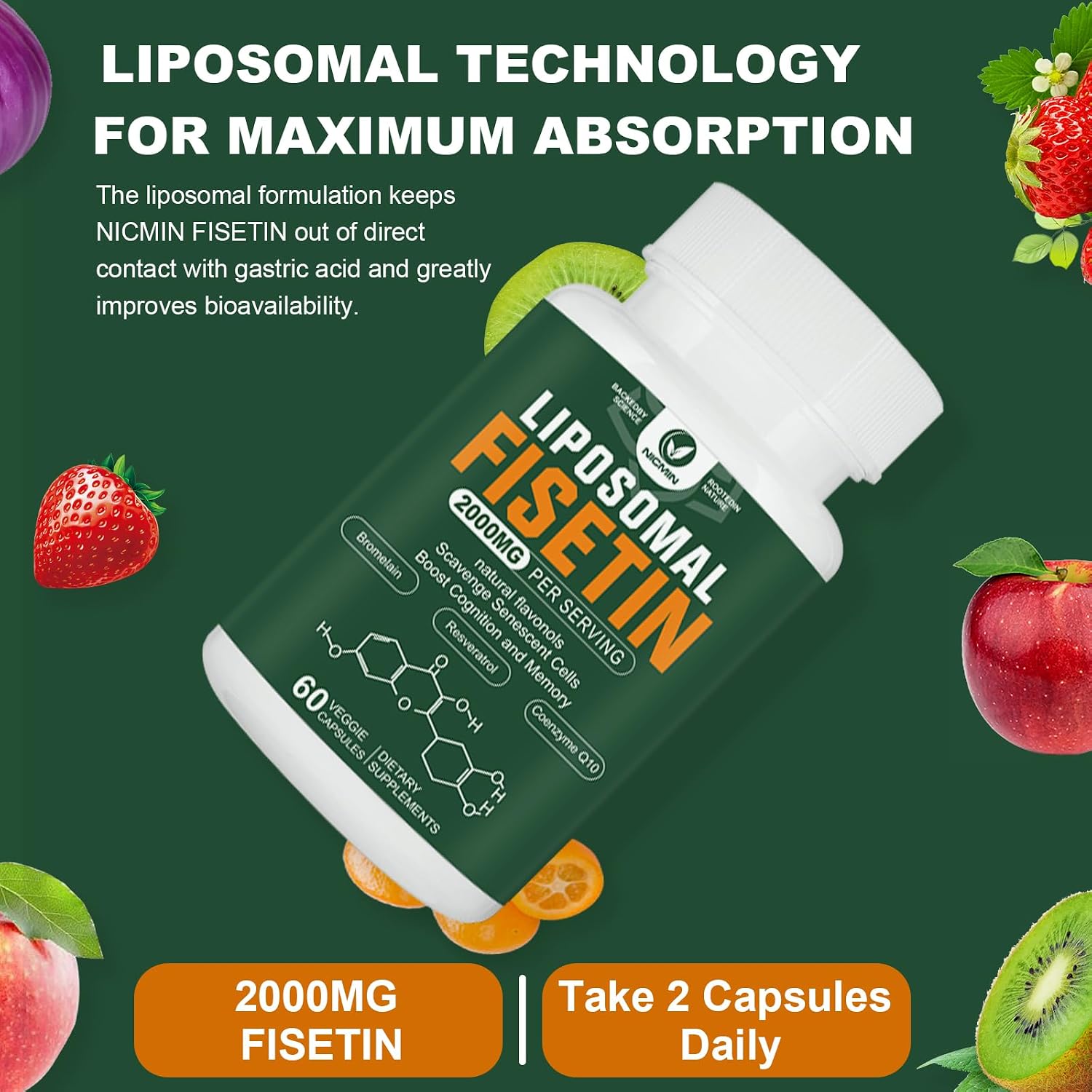 Suplemento de Fisetina Liposomal, 2000 mg, 98% Puro, con Quercetina, TMG y Resveratrol, 120 Cápsulas