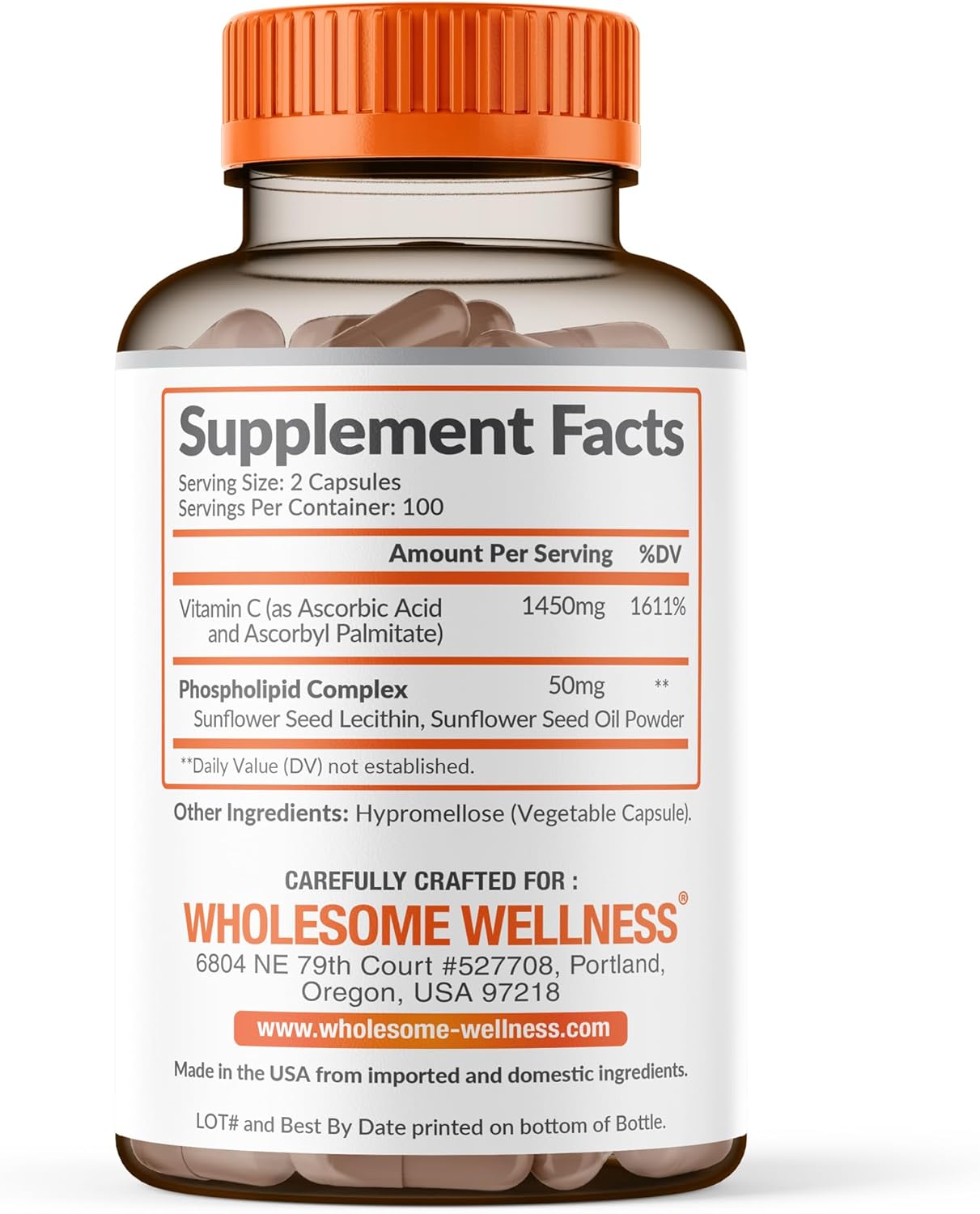 Wholesome Wellness Cápsulas de Vitamina C Liposomal (200 cápsulas, 1500 mg por dosis) Alta Absorción, Sin OGM, Vegano