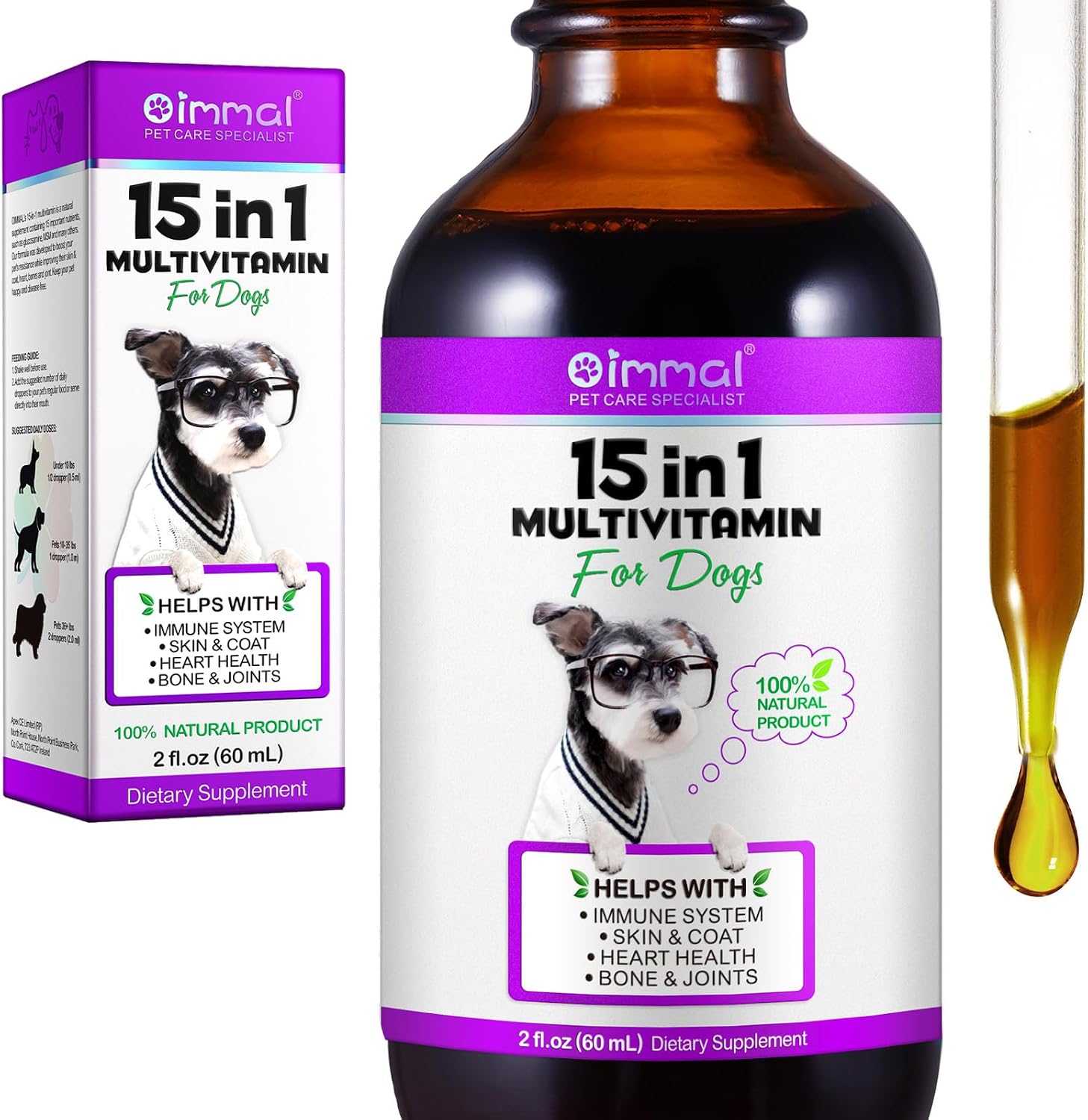 Multivitamínico Líquido 15 en 1 para Perros – Apoyo Articular, Piel y Digestión (60 ml)