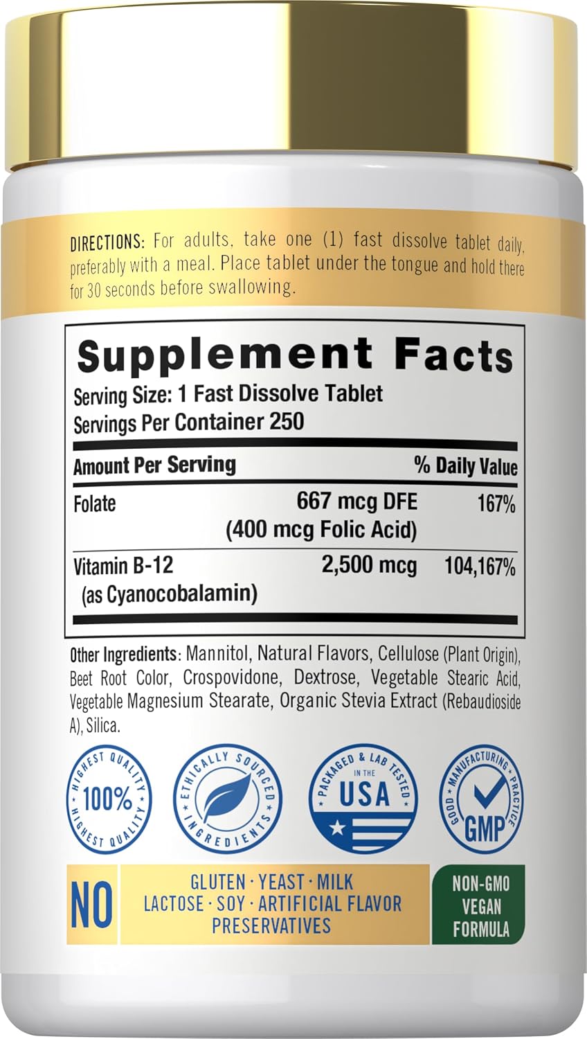 Carlyle Vitamina B12 Sublingual 2500 mcg + Ácido Fólico - 250 Comprimidos de Disolución Rápida Sabor Berry - Vegano, No-GMO, Sin Gluten