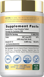Carlyle Vitamina B12 Sublingual 2500 mcg + Ácido Fólico - 250 Comprimidos de Disolución Rápida Sabor Berry - Vegano, No-GMO, Sin Gluten