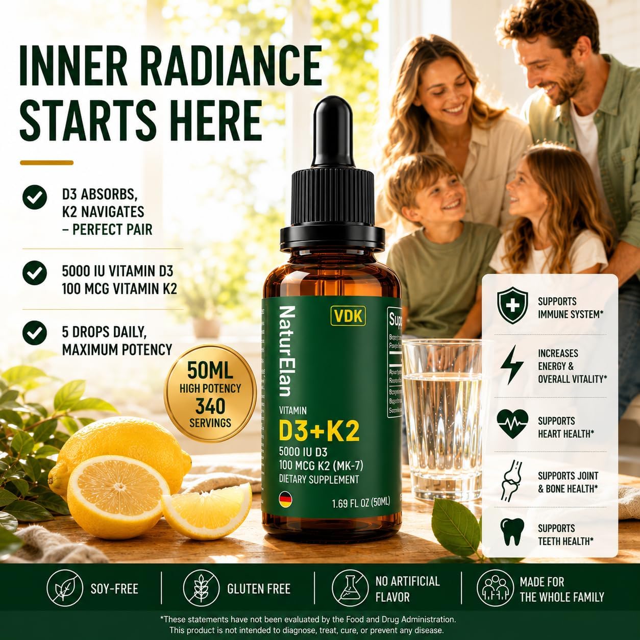 NaturElan Vitamin D3 5000 UI & K2 (MK-7) Gotas con Aceite MCT - 1,69 fl oz
