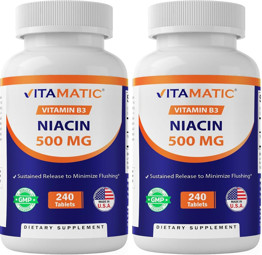 Vitamatic Niacina (Vitamina B3) 500mg, 240 Comprimidos - No OGM y Sin Gluten