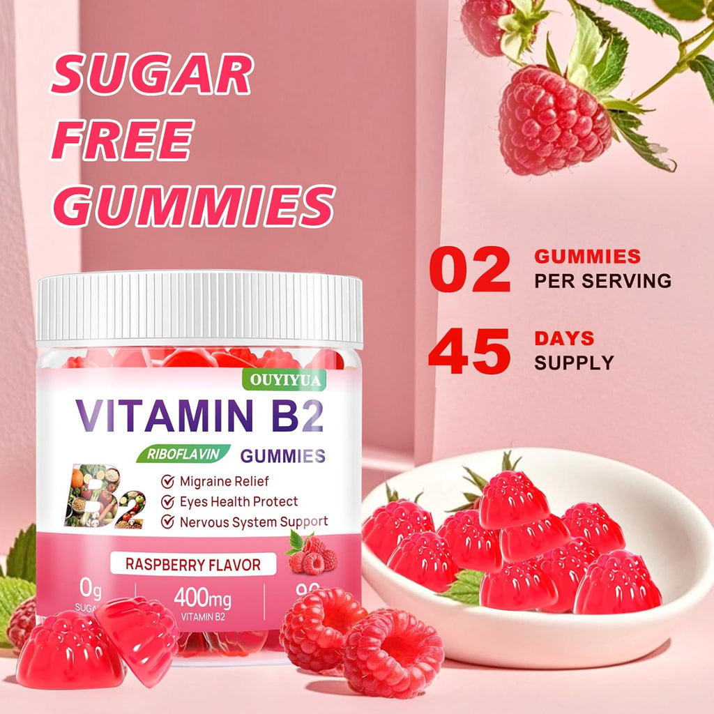 Gominolas de Vitamina B2 (Riboflavina) 400mg con Magnesio - 90 unidades - Vegano, Sin Azúcar - Sabor Frambuesa