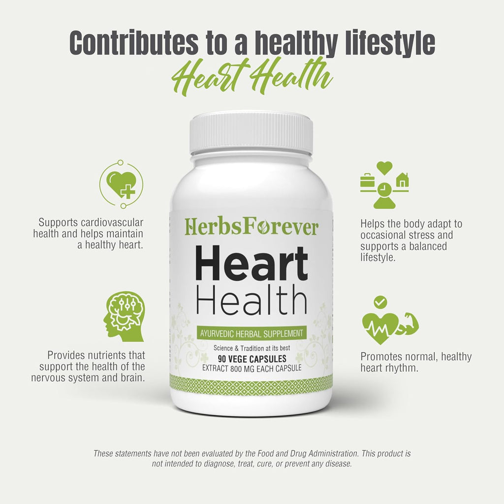 Herbsforever Heart Health - Cardiovascular Support, Heart Wellness | Anti Stress with Ashwagandha, Guggulipid, Terminalia Arjuna, Cinnamon, Garlic, Indian Gooseberry + 13 Herb Extracts | 90 Veg Capsules | 800 mg