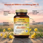 oppuland Vitamina D3 + K2 5000 UI - Tecnología Liposomal para Mayor Absorción - MK-7 Vitamina K2 100mcg - Ayuda al Metabolismo Óseo y del Calcio - 90 Cápsulas Blandas