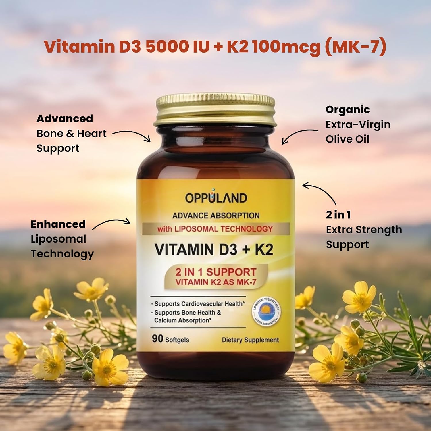 oppuland Vitamina D3 + K2 5000 UI - Tecnología Liposomal para Mayor Absorción - MK-7 Vitamina K2 100mcg - Ayuda al Metabolismo Óseo y del Calcio - 90 Cápsulas Blandas