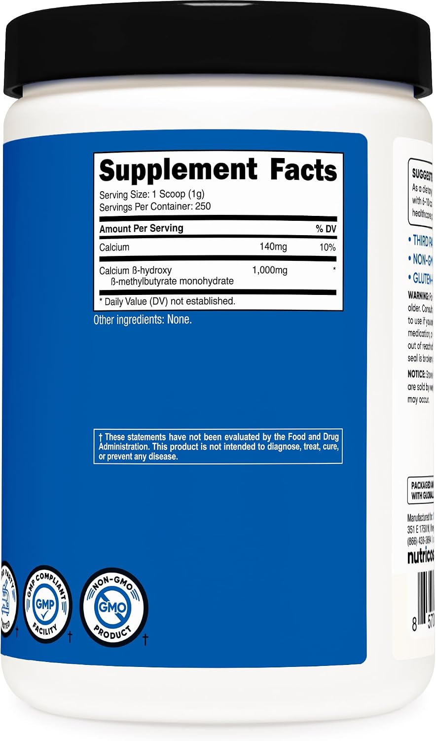 Polvo de HMB (Beta-Hidroxi Beta-Metilbutirato) de Nutricost, 250 Gramos - Sin Gluten y No GMO