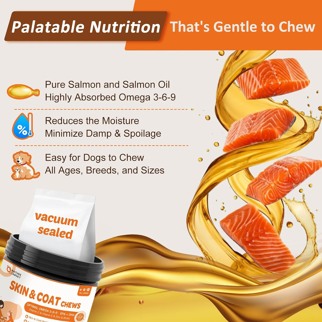 NATURE TARGET Omega 3 Aceite de Pescado para Perros, Suplemento de Piel y Pelaje con Omega 3-6-9 (EPA y DHA), Zinc, Biotina y Vitaminas E y C - 120 Golosinas Blandas Sabor Salmón