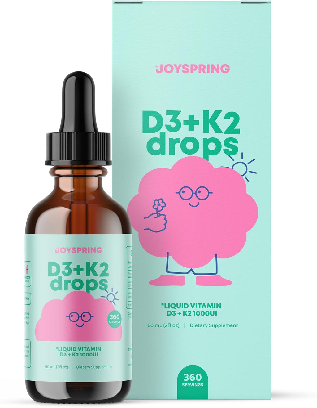 JoySpring Gotas de Vitamina D3 con K2 para Niños – Suplemento Líquido para la Absorción de Calcio – 360 Dosis (59 ml)