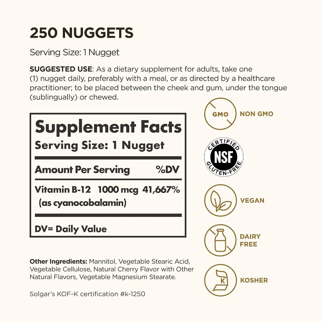 Solgar Vitamina B12 1000 mcg, 250 Nuggets Sublinguales