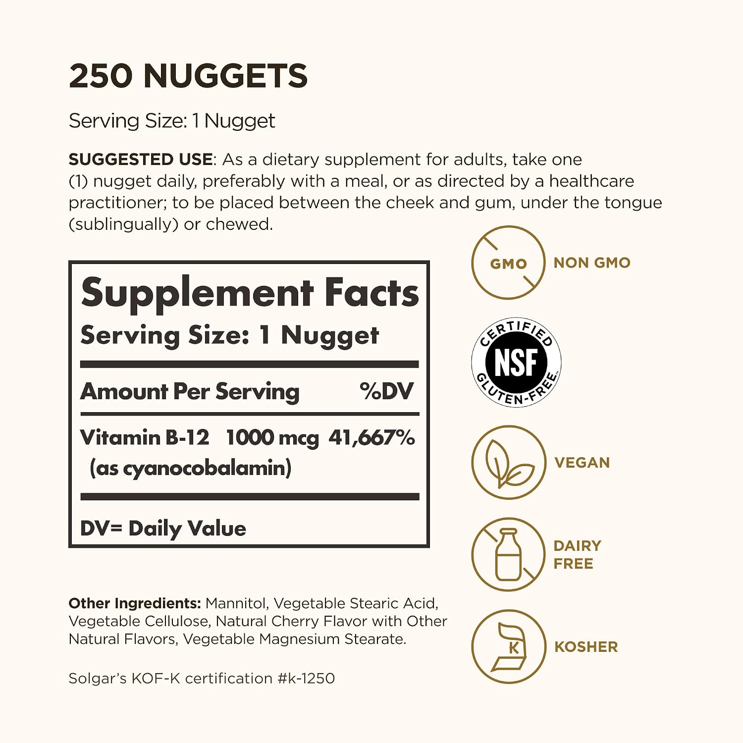 Solgar Vitamina B12 1000 mcg, 250 Nuggets Sublinguales