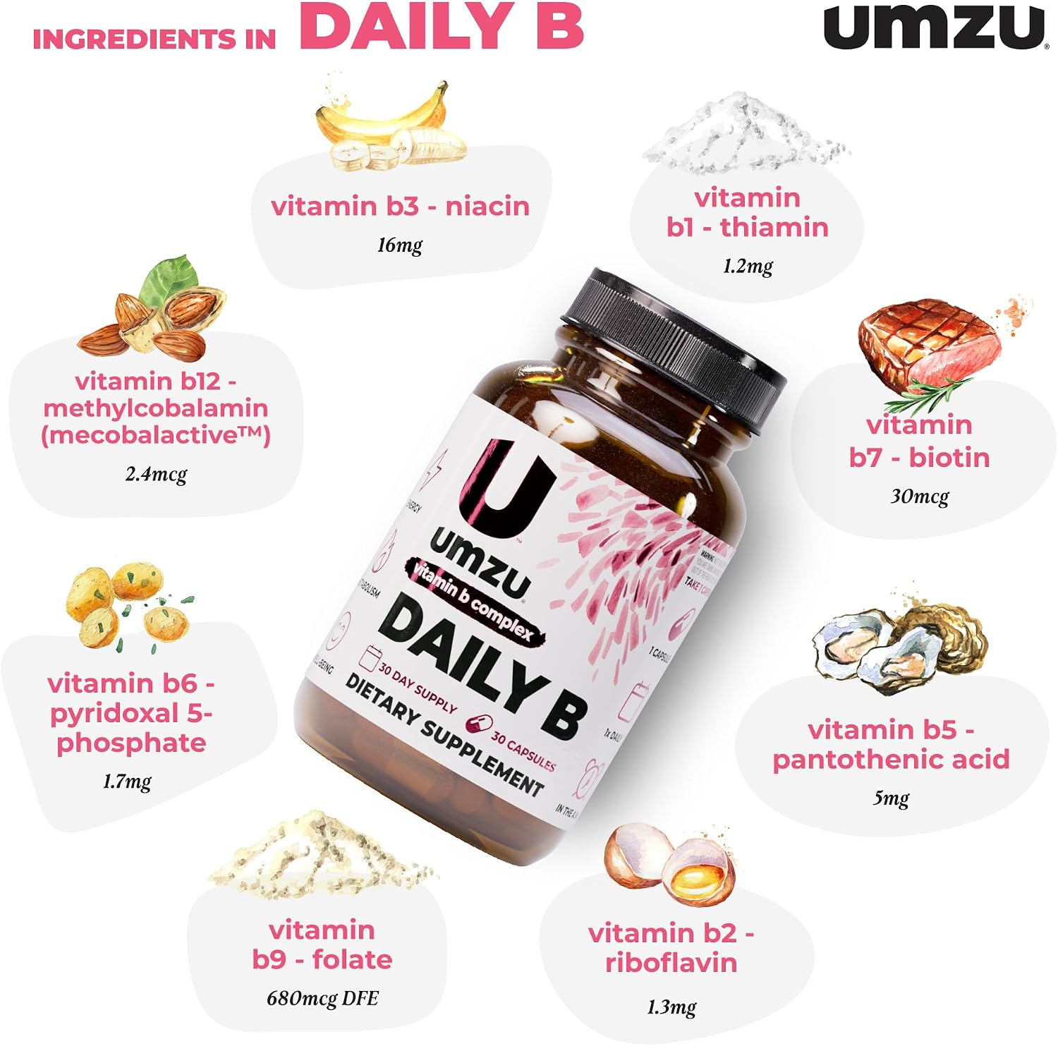 UMZU Daily B - Complejo Completo de Vitaminas B con B1, B2, B3, B5, B6, B7, B9 y B12