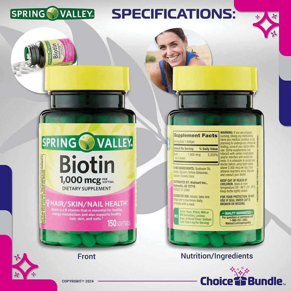 Choice Bundle Biotina en Cápsulas Blandas 1000mcg – Pack de 2 (300 Cápsulas) + Guía y Pastillero