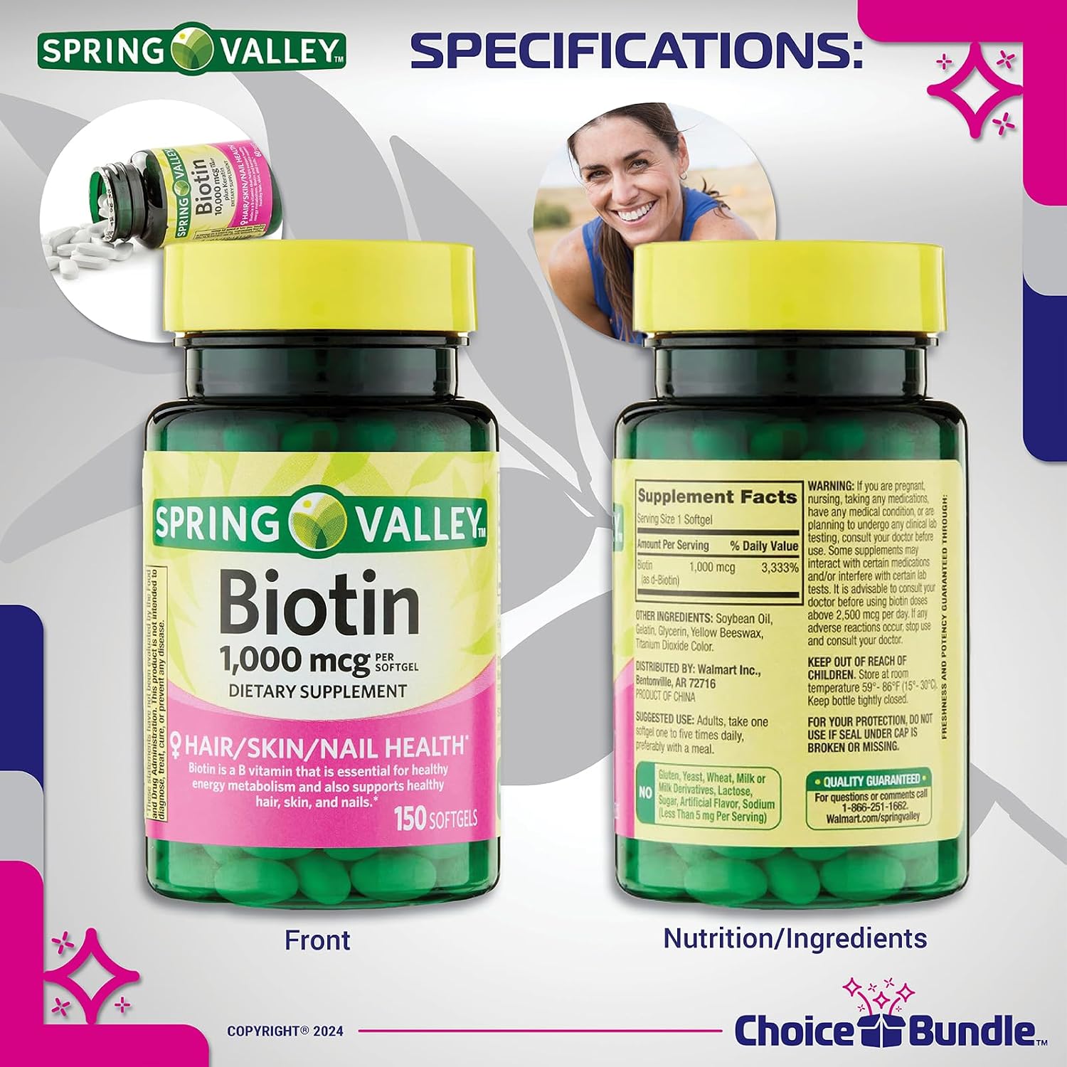 Choice Bundle Biotina en Cápsulas Blandas 1000mcg – Pack de 2 (300 Cápsulas) + Guía y Pastillero