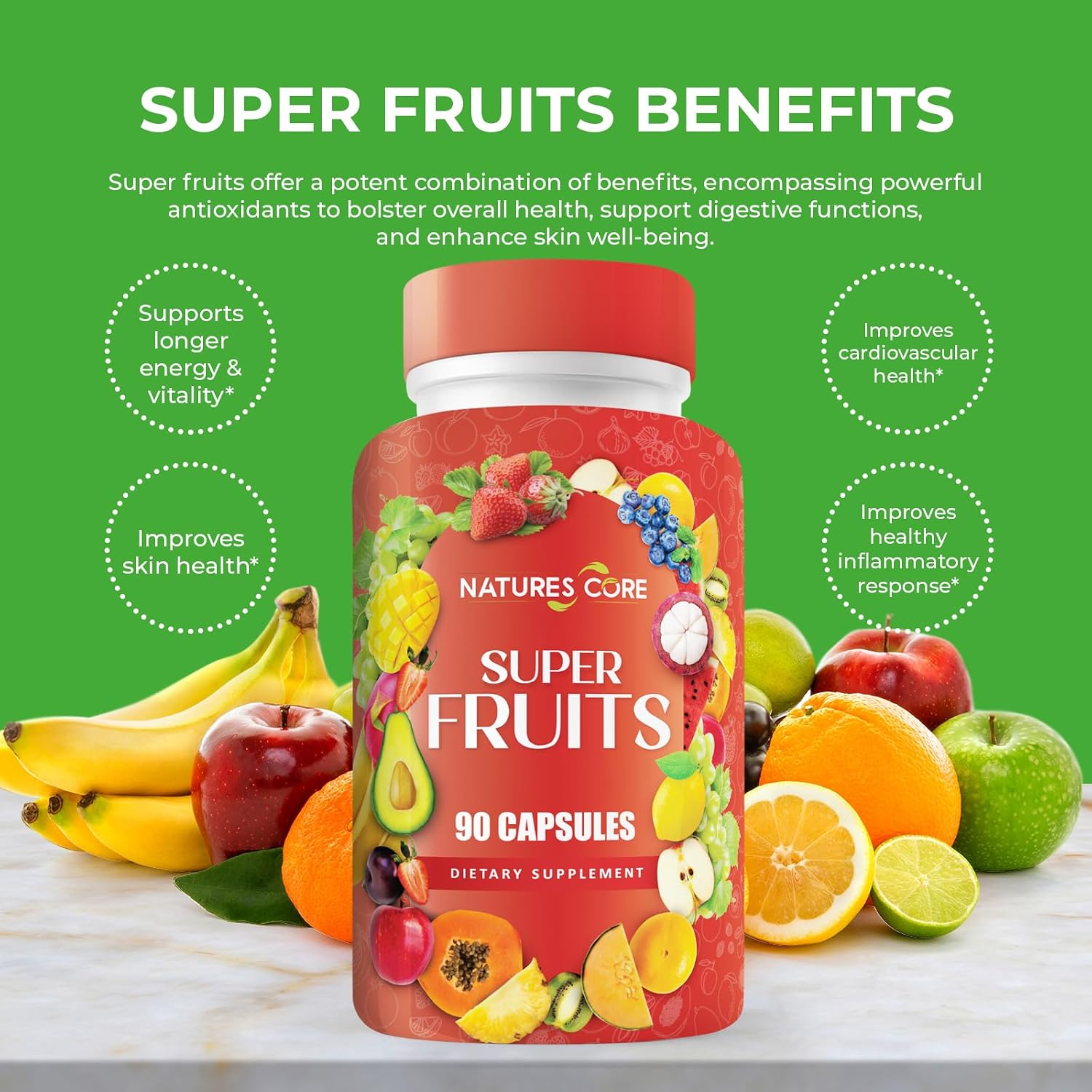 Nature's Core Suplemento de Frutas y Verduras - 360 Cápsulas - 100% Natural, Vegano, Sin Soja