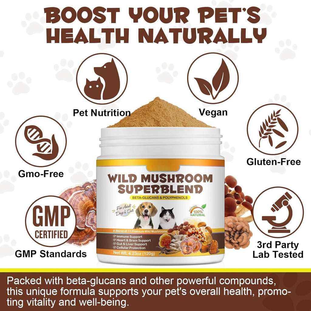 FANGCUN Polvo de Hongos para Perros y Gatos - Mezcla de 11 Setas, Sabor a Bacon, 120g