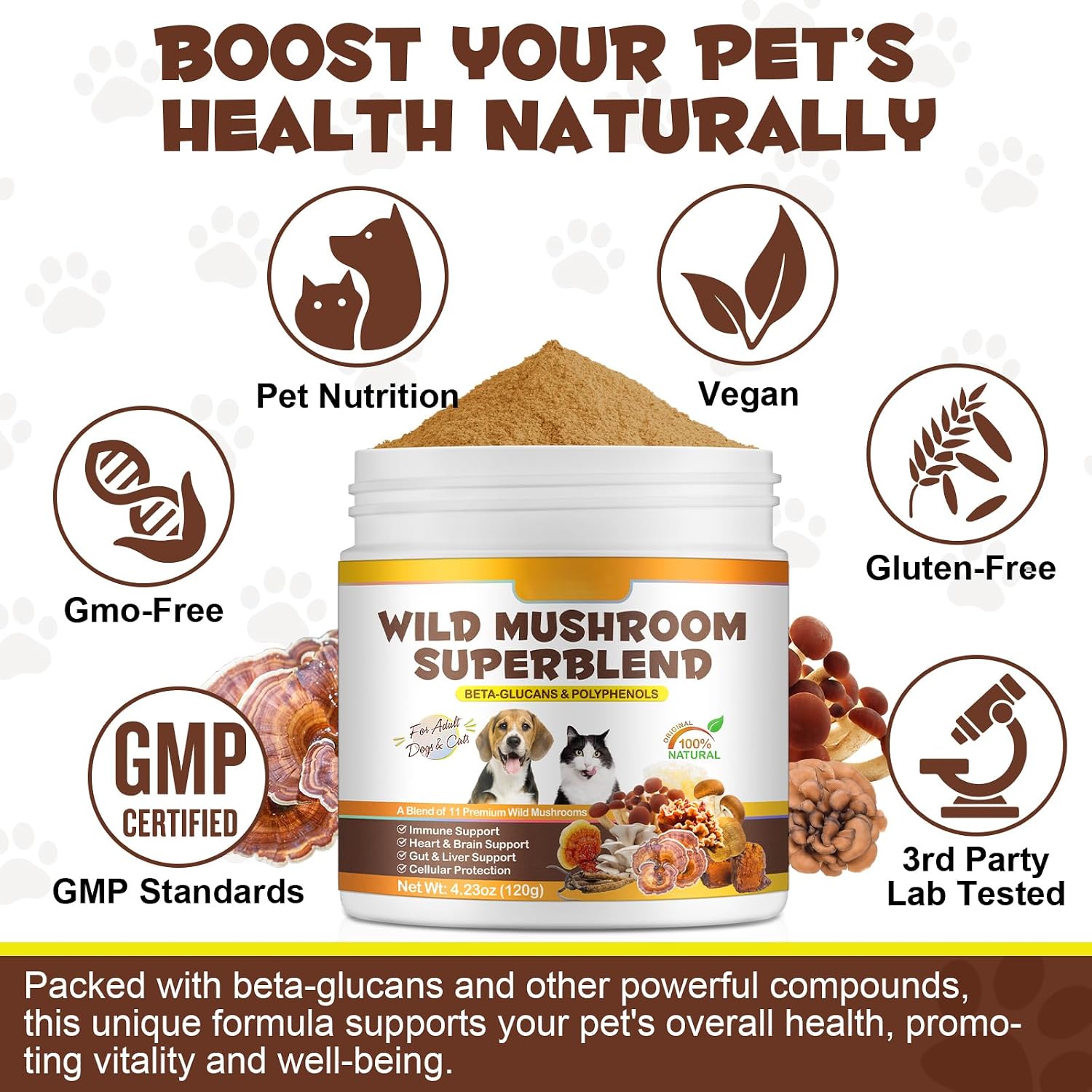 FANGCUN Polvo de Hongos para Perros y Gatos - Mezcla de 11 Setas, Sabor a Bacon, 120g