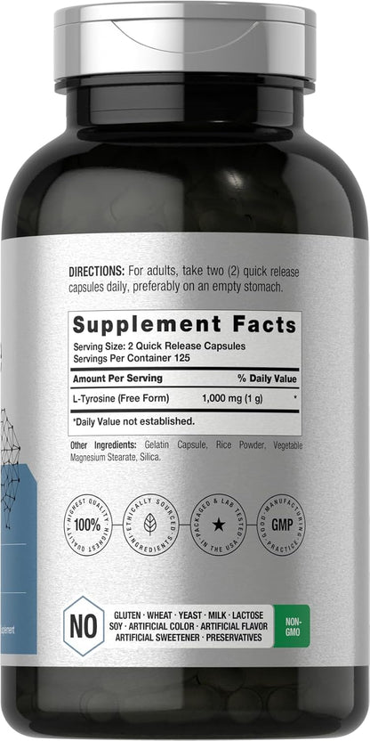 Horbäach L-Tirosina 1000mg | 250 Cápsulas | Suplemento de Aminoácidos | No GMO y Sin Gluten – Image 2
