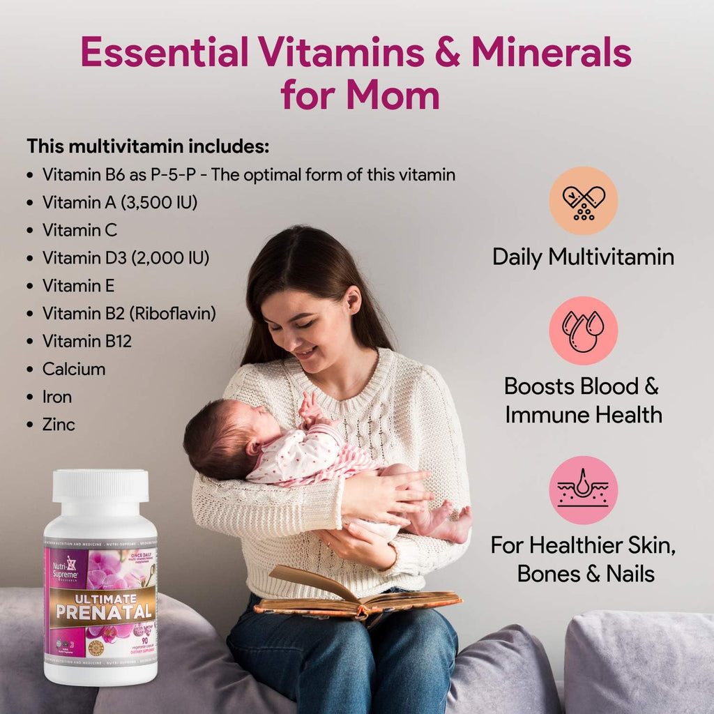 Nutri Supreme Ultimate Prenatal Vitamins, 90 Cápsulas Vegetales - 1.000 mcg de Folato, Multivitamínico de Una Toma Diaria