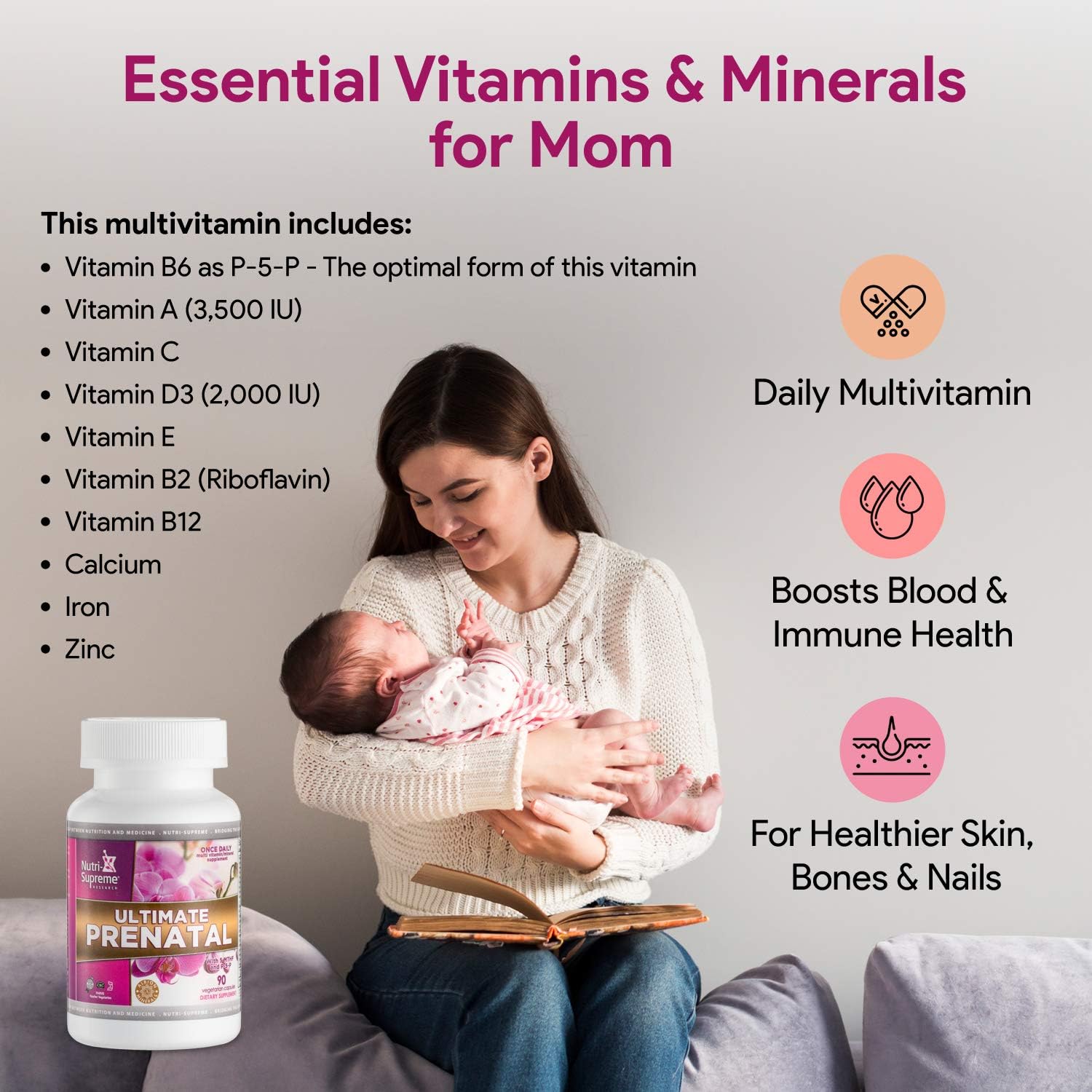 Nutri Supreme Ultimate Prenatal Vitamins, 90 Cápsulas Vegetales - 1.000 mcg de Folato, Multivitamínico de Una Toma Diaria