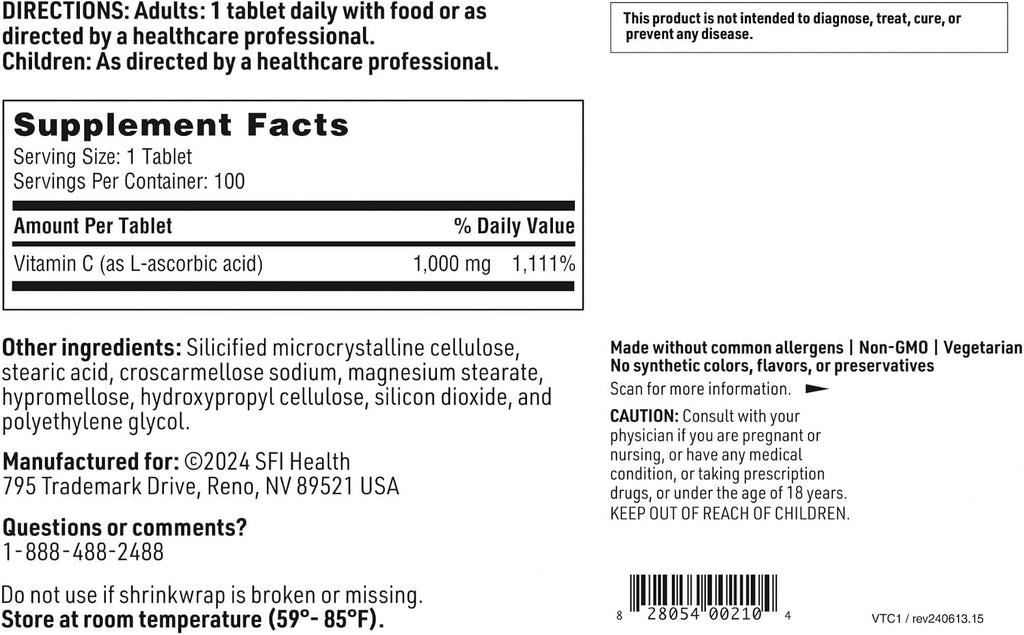 Klaire Labs SFI Health Vitamina C 1000 mg L-Ácido Ascórbico en Comprimidos Recubiertos (100 Unidades)