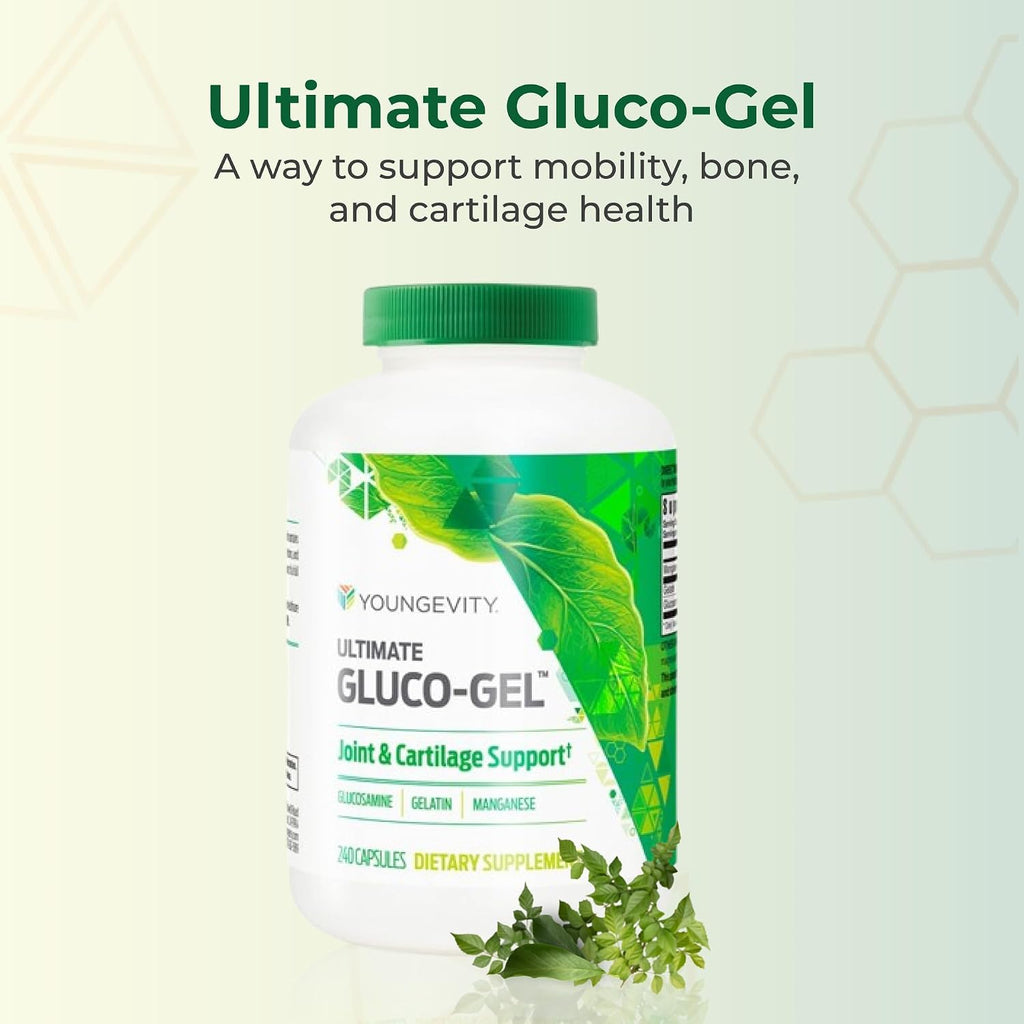 Youngevity Ultimate Gluco-Gel - para Tendones, Huesos y Cartílago | Glucosamina, Gelatina y Manganeso | 240 Cápsulas | 2 Envases