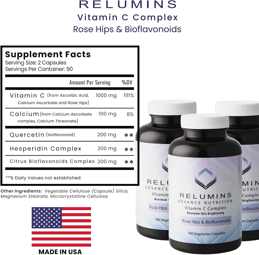 Relumins Advanced Vitamin C con Escaramujo – 1000 mg, 180 Cápsulas x 3 (9 Meses de Suministro)