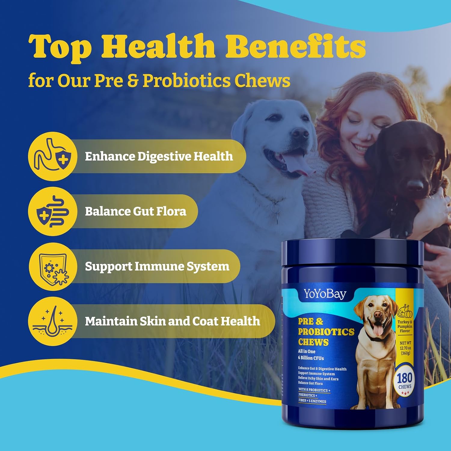 YoYoBay Probiotics for Dogs - 6 Billion CFUs, Dog Probiotics with Prebiotics & Digestive Enzymes for Gut, Immune & Skin Health - Turkey & Pumpkin Flavor, 180 Soft Chews