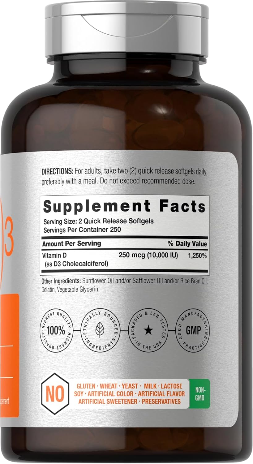 Horbäach Vitamina D3 10000 IU - 500 Softgels | Suplemento No-GMO, Sin Gluten, Alta Potencia (250 mcg)